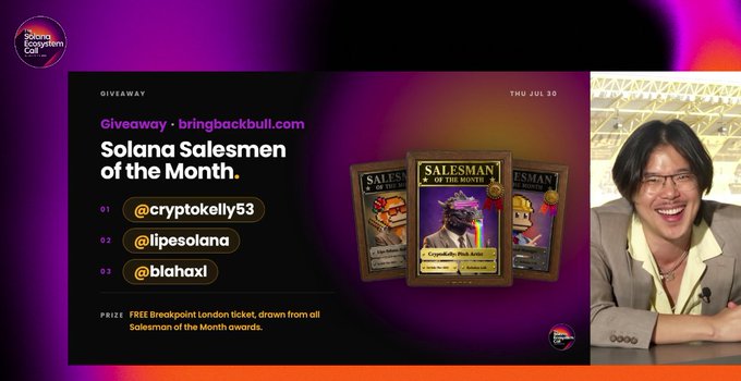 A livestream screenshot showing a man with glasses laughing on the right side, alongside a 'Solana Salesmen of the Month' giveaway slide listing @cryptokelly53, @lipesolaa, and @blahaxl as winners with the Solana Foundation logo.