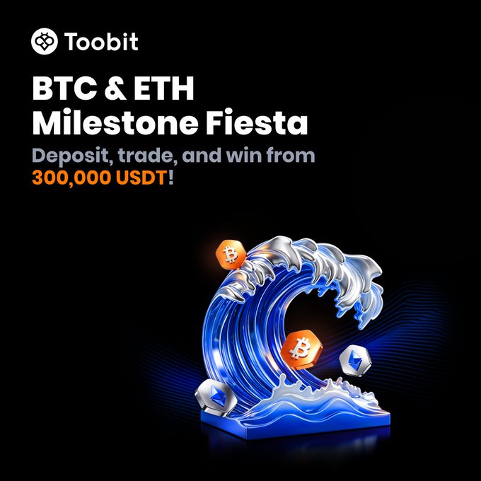 A promotional advertisement for the Toobit crypto exchange, titled 'BTC & ETH Milestone Fiesta', offering prizes from a 300,000 USDT prize pool for users who deposit and trade, featuring a 3D wave illustration with Bitcoin and Ethereum coins.