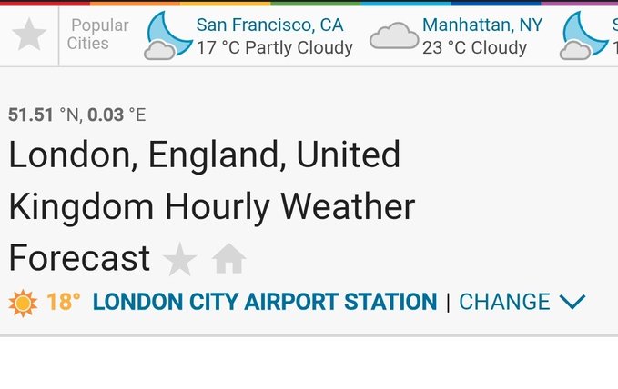Weather forecast webpage showing London, England, United Kingdom at 51.51°N, 0.03°E, with 18° at London City Airport Station.