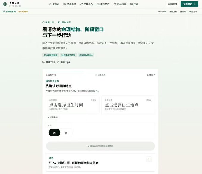 A Chinese astrology and fortune-telling website called "人生K线" (Life K-Line) showing a Bazi (Eight Characters of Destiny) fortune reading interface where users input their birth time and location. The website features a clean, minimalist design with steps for entering birth details including an undisclosed checkbox, gender selection, and confirmation button. It relates to the post about AI and metaphysics projects shared for reference with US stock and crypto trading.
