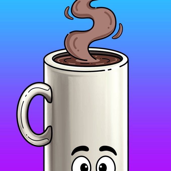 A cartoon illustration of a white mug with a smiling face and steam rising that forms a question mark, set against a blue and purple gradient background.