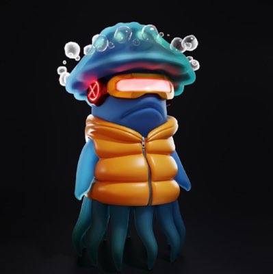 A 3D-rendered octopus-like character wearing VR goggles and an orange puffer vest against a dark background.