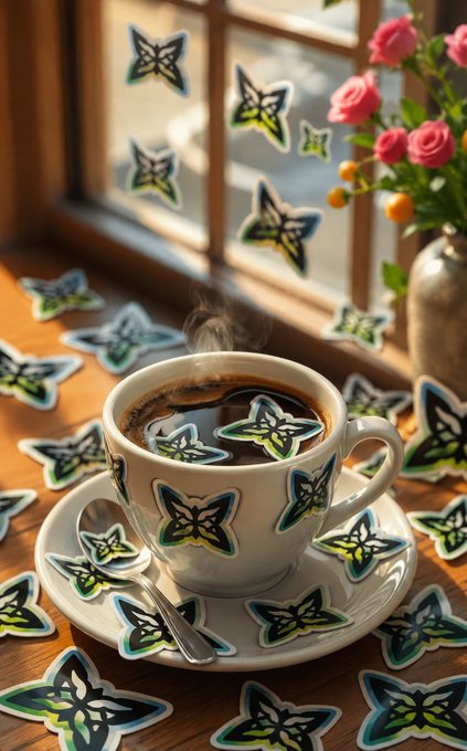 An artistic scene of a steaming cup of coffee on a saucer with a spoon, surrounded by butterfly stickers scattered across a wooden surface near a window with pink roses in a vase.