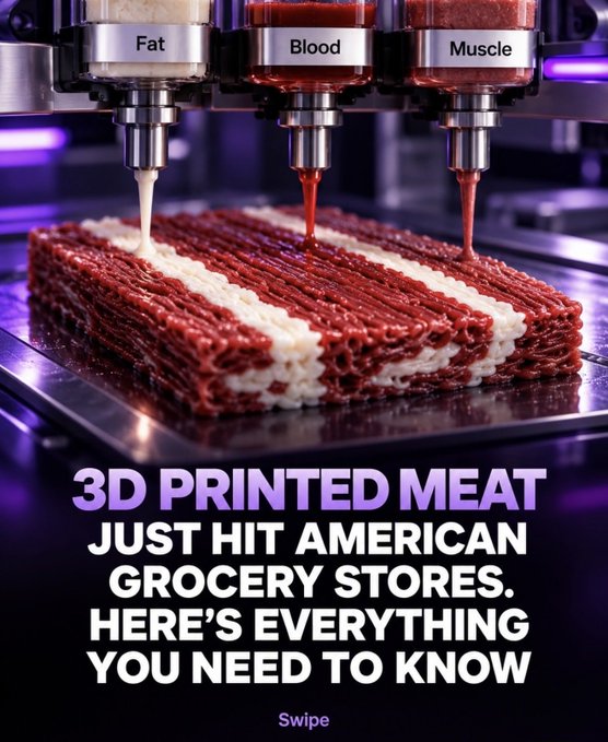 A social media graphic illustrating a 3D food printer extruding layers of 'Fat,' 'Blood,' and 'Muscle' to create a block of synthetic meat, with the text '3D PRINTED MEAT JUST HIT AMERICAN GROCERY STORES. HERE'S EVERYTHING YOU NEED TO KNOW.' and a 'Swipe' prompt.