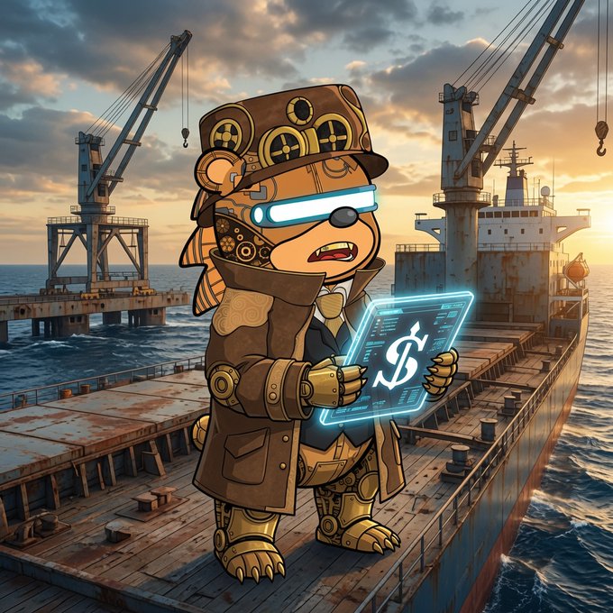 A steampunk-style digital illustration of a bear wearing goggles and a mechanical coat, holding a glowing tablet with a dollar sign, standing on a cargo ship at sunset.