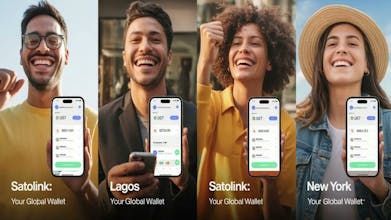 The image is a four-panel promotional collage for Satolink, featuring diverse smiling users in different global cities—Satolink (with an African backdrop), Lagos, Satolink (with a city backdrop), and New York—each holding a smartphone displaying the app interface, reinforcing the brand's tagline "Your Global Wallet" and its worldwide, Bitcoin-focused digital payment appeal.