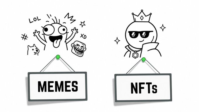 A cartoon-style illustration shows a troll-face character and chaotic doodles labeled "LOL" and "XD" on a "MEMES" sign, contrasted with a cool, crown-wearing figure in sunglasses and gold chain on an "NFTs" sign—visually comparing the wild, meme-fueled losses of meme-stock traders to the polished, confident facade of NFT investors who often lost big too.