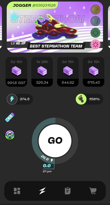 Screenshot of a mobile game or app interface showing a 'JOGGER' character at level 29 labeled 'BEST STEPINATHON TEAM,' with various resource counters including 994.8 GGT, 326.34, 644.92, and 1715.45, plus a GO button.