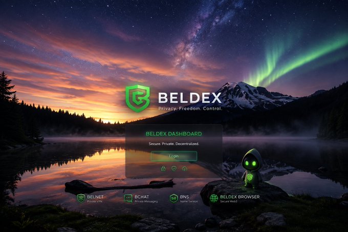 A landing page for 'BELDEX' featuring a scenic landscape with a dashboard login screen in the center and a small green robot character on the right.