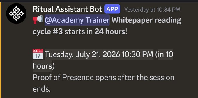 A Discord notification from 'Ritual Assistant Bot' announcing that the @Academy Trainer Whitepaper reading cycle #3 starts in 24 hours, scheduled for Tuesday, July 21, 2026 at 10:30 PM.