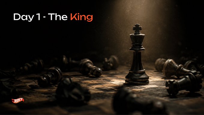 A dramatic image of a black chess king standing among fallen pieces on a chessboard, with the text 'Day 1 - The King' at the top left and a 'BEXT' logo at the bottom left.