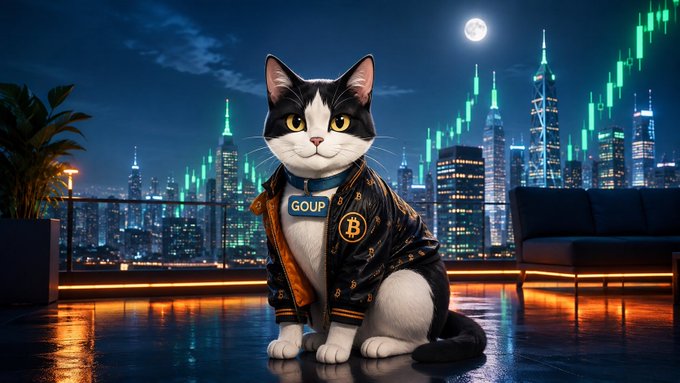 A tuxedo cat wearing a jacket labeled "GOUP" and a Bitcoin medallion sits on a rooftop overlooking a neon-lit cityscape with green crypto candlestick charts under a full moon. The image mirrors the post's bullish narrative, visually representing the "GOUP" momentum in $BTC, $ETH, and $SOL as $1.4B in shorts were liquidated and regulatory optimism drove the rally.