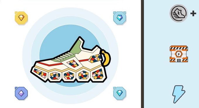 Mobile app screen displaying a colorful sneaker illustration with basketball-style shoe design, surrounded by gem icons, alongside menu buttons for inventory, marketplace, and energy on the right side.