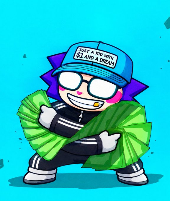 A cartoon character with purple hair, sunglasses, and a blue cap reading 'JUST A KID WITH $1 AND A DREAM' happily hugs two large stacks of cash.