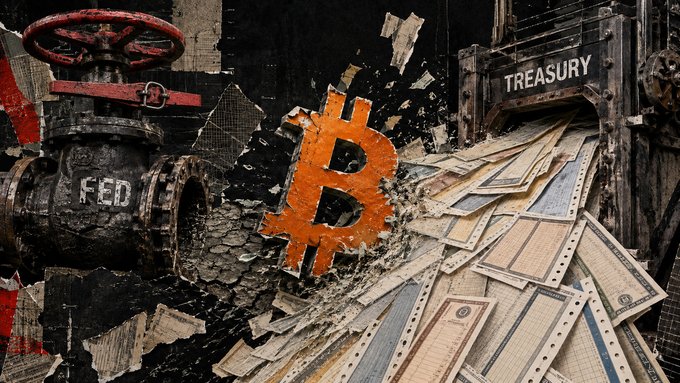 A gritty illustration showing a Bitcoin symbol bursting through a wall labeled 'FED' and 'TREASURY', with stacks of US dollar bills flowing out.