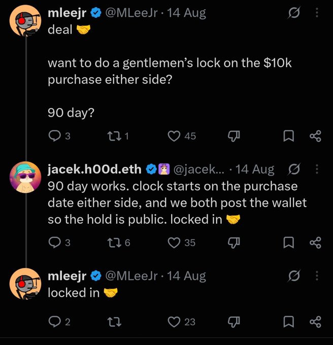 A screenshot of a Twitter thread showing an exchange between users 'mleejr' and 'jacek.h00d.eth' about a gentlemen's lock on a $10k purchase for 90 days, both posting 'locked in'.