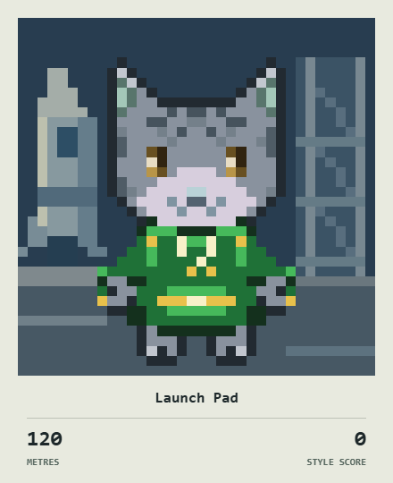A pixel art character of a grey cat wearing a green space suit, labeled "Launch Pad" with "120 METRES" and "0 STYLE SCORE" displayed below.