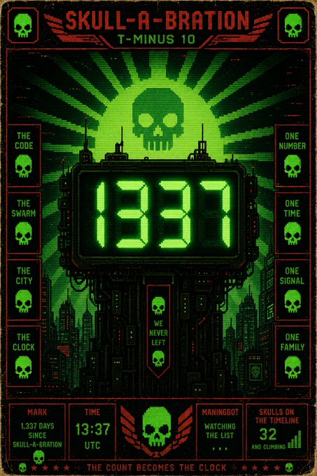 A dystopian 'SKULL-A-BRATION T-MINUS 10' countdown poster featuring a digital clock showing 1337, with text elements like 'THE CODE', 'ONE NUMBER', 'WE NEVER LEFT', and a skull cityscape.