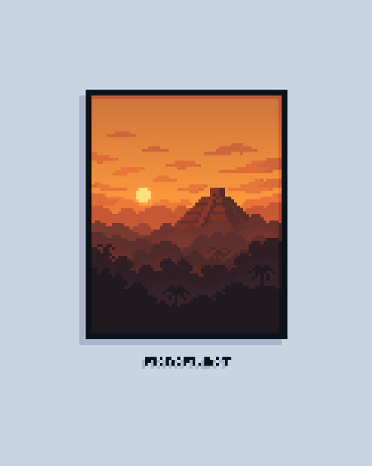 A framed minimalist pixel art sunset over a silhouetted temple pyramid, labeled "minim.bit," showcases the artist's signature lo-fi landscape style from the El Castillo photography series.