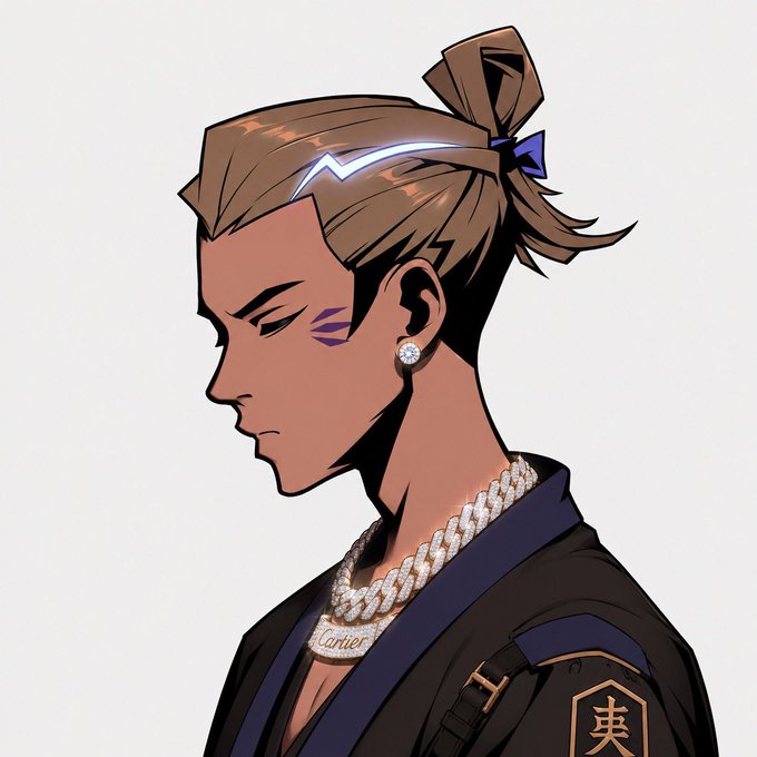 An anime-style illustration of a character with brown hair in a topknot, featuring a glowing blue streak, a diamond earring, a thick diamond chain, and a jersey with Chinese characters. The scene has a cel-shaded, comic-book aesthetic.