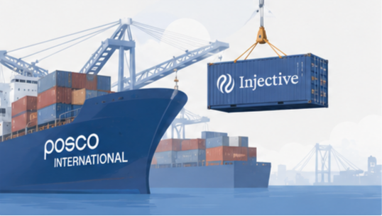 An illustration showing a container ship labeled 'POSCO INTERNATIONAL' with a blue shipping container marked 'Injective' being loaded by a crane at a port.