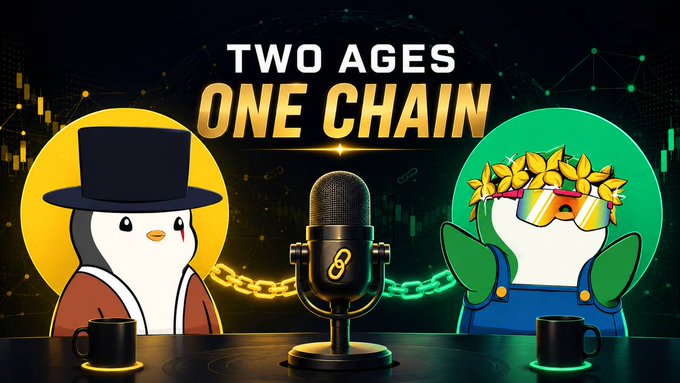 A podcast cover titled 'TWO AGES ONE CHAIN' featuring two cartoon penguins, one in a top hat and another with sunglasses and a flower crown, at a microphone.