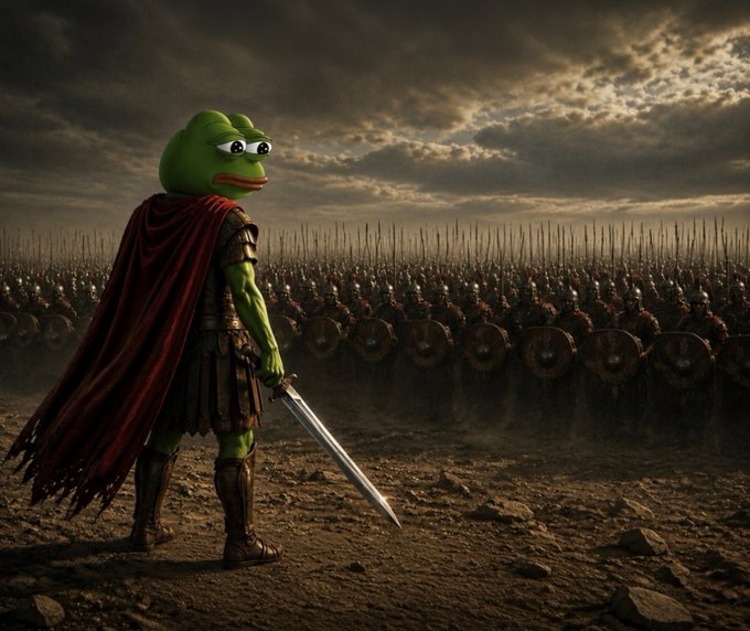 A digitally edited image showing a Pepe the Frog character dressed as a Roman soldier with a red cape and sword, facing a massive army of legionaries on a battlefield under a cloudy sky.