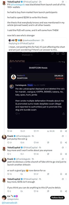 A Twitter/X thread from YokaCapital discussing the $FUD token and SHARTCON thesis, featuring posts criticizing deployer behavior including insider trading allegations related to dev wallets and coordinated promotion.