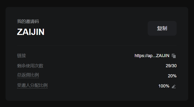 A dark-themed referral page showing the invite code 'ZAIJIN' with 29/30 remaining uses, a 20% total commission ratio, and 100% invitee distribution ratio.