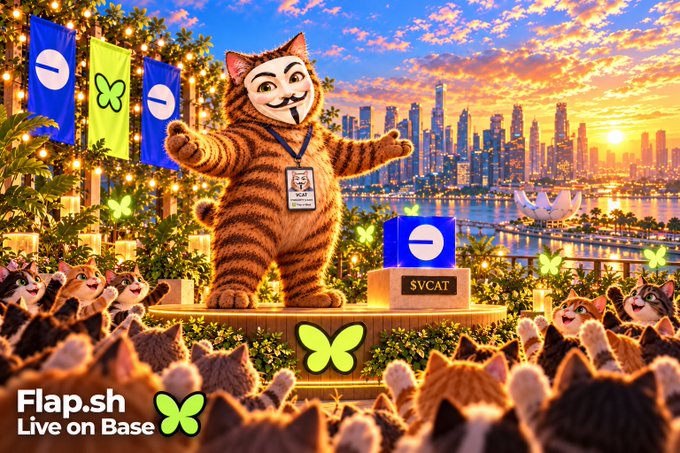 Promotional artwork for Flap.sh (Live on Base) featuring a large orange tabby cat mascot wearing an ID badge standing on a stage with "$VCAT" podium, surrounded by a crowd of cats, with a city skyline and butterfly-themed Base branding.