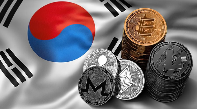 South Korean flag alongside stacks of various cryptocurrency coins including Bitcoin, Monero, Litecoin, and Ethereum.