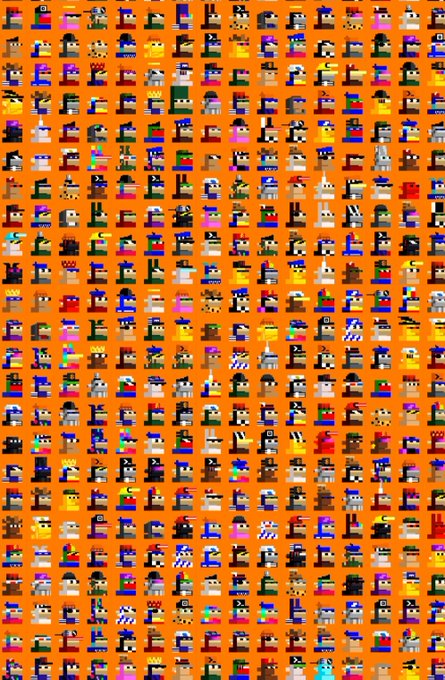 An orange background covered with a grid of colorful pixel art character sprites, each labeled with small text tags.