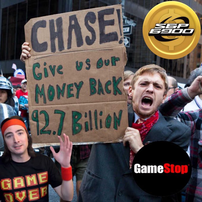 The user wants a concise caption describing the image, including specific text and numbers.

1.  **Analyze the image:**
    *   **Main Subject:** A man in a suit is shouting while holding a cardboard sign.
    *   **Sign Text:** "CHASE!", "Give us our MONEY BACK", "92.7 Billion".
    *   **Other People:**
        *   Bottom left: A man (Keith Gill / Roaring Kitty) wearing a "GAME OVER" shirt and red headband, waving.
        *   Background: Other people, some holding signs (one looks like a flag).
    *   **Overlays/Logos:**
        *   Top right: A gold coin logo with "SEP 6900".
        *   Bottom right: A black circle with "GameStop" text.
    *   **Context:** This is a meme combining the GameStop stock surge (2021)