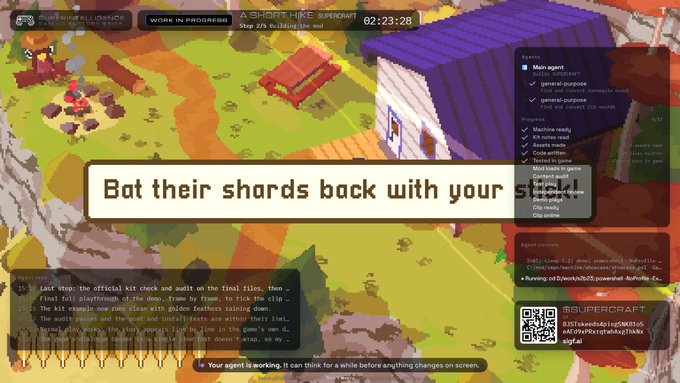A livestream screenshot showing AI-generated pixel art gameplay with the overlay text 'Bat their shards back with your shield!', titled 'A SHORT HIKE SUPERCRAFT'.