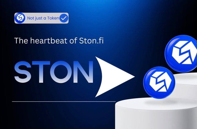 A promotional graphic for Ston.fi cryptocurrency featuring the text 'The heartbeat of Ston.fi STON', a 'Not just a Token' badge, and 3D rendered STON tokens.