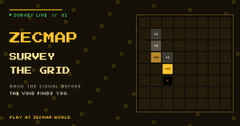 A pixel-art retro graphic for 'ZECMAP SURVEY THE GRID', displaying a small grid with colored squares and text referencing 'FALLING INTO STARDUST'.