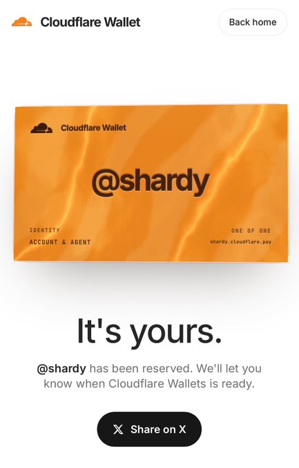 Cloudflare Wallet reservation confirmation page showing the handle '@shardy' has been reserved on an orange card with the text 'It's yours.'