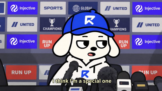 A cartoon dog wearing a blue R-branded cap sits at a press conference podium, captioned "I think I'm a special one," with a backdrop featuring Injective, Sports, United, Champions, and Run Up logos—promoting the $RUNNER application campaign as spots rapidly fill.