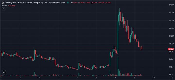 A PumpSwap 1-hour candlestick chart for $JIMOTHY/SOL shows the token's market cap soaring to nearly 20M after Elon Musk's raccoon post (visible spike around hour 8), before pulling back to 8.57M with an 8.05% decline—illustrating the volatile pump-and-dump pattern the poster references as "we keep cooking."