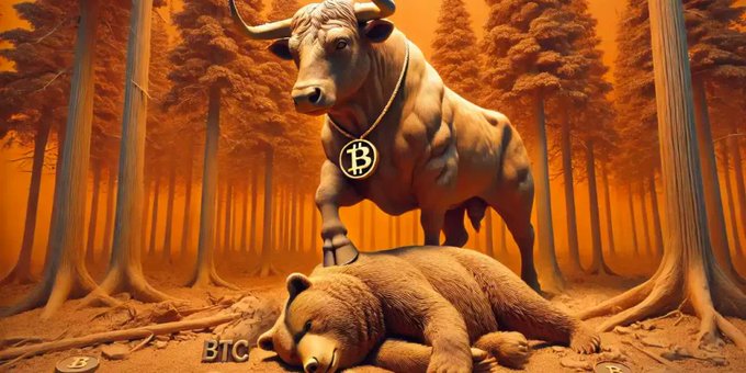 An orange-tinted illustration depicting a bullish Bitcoin (a bull with a Bitcoin necklace) standing over a sleeping/crashed bear, symbolizing a bull market victory over bears.