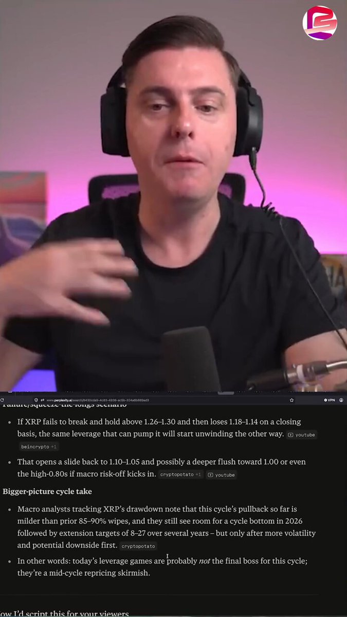 The image shows a man wearing headphones, sitting at a desk with a microphone in front of him. The text on the screen reads "Bought another $10K in XRP today. Anything under $1.50 is a discount - I'm taking it". This suggests that the man has recently purchased some cryptocurrency and is offering a discount to anyone who purchases more than $1,500 worth of it.