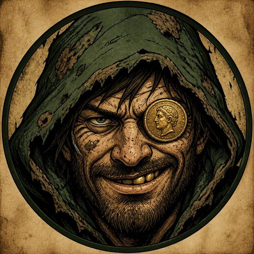 An illustrated portrait of a smiling, bearded man in a green hood with a gold coin covering one eye, set within a circular frame.
