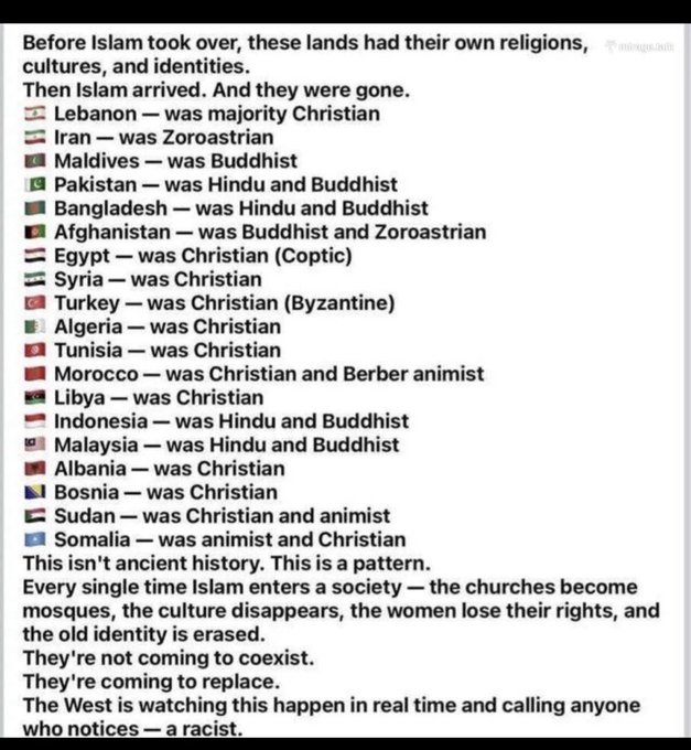 An infographic lists countries and their predominant pre-Islamic religions, with text claiming these lands had their own cultures and identities before Islam, including claims about Lebanon, Iran, and Afghanistan.