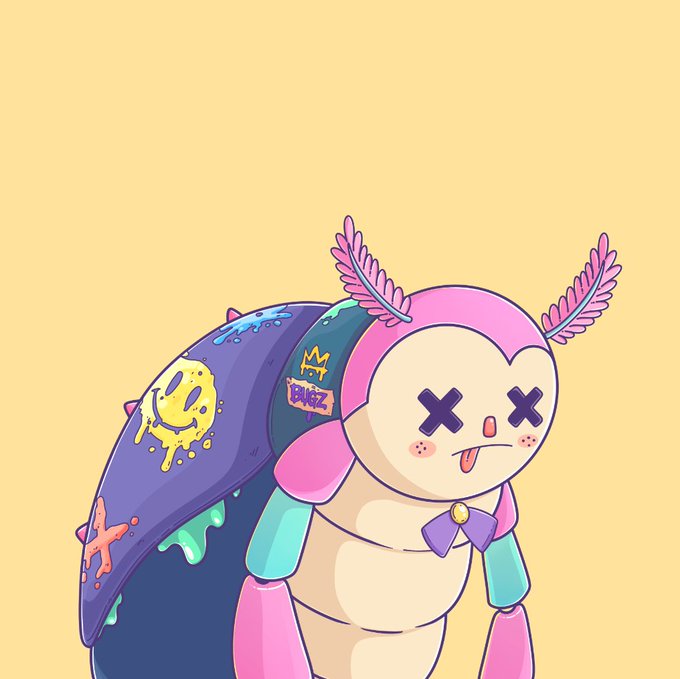 A cartoon illustration of a cute axolotl-like character with pink ears, X-shaped eyes, and a blue slime-covered shell on its back featuring graffiti tags like 'CRUZ'.