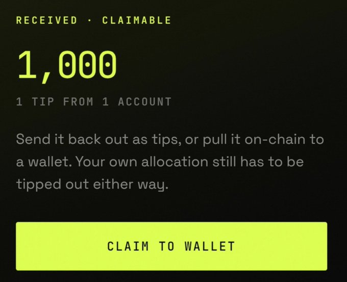 The image shows a dark interface with "RECEIVED · CLAIMABLE" header displaying 1,000 received from 1 tip and 1 account, instructing the user to either redistribute as tips or claim to a wallet, with a yellow "CLAIM TO WALLET" button. The accompanying post indicates the user is giving away their 1,000 $MOTION tokens to commenters via the @tipmotion platform.