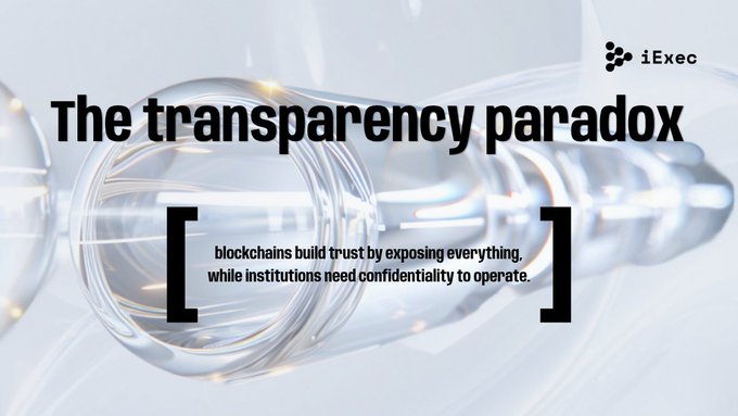 The image displays the title "The transparency paradox" with the subtitle "blockchains build trust by exposing everything, while institutions need confidentiality to operate," branded with the iExec logo, visually illustrating the core tension between blockchain's open nature and institutional privacy needs highlighted in the post.