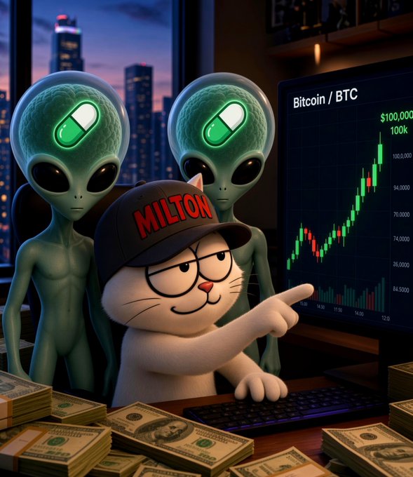 A digital illustration showing a white cat wearing a "MILTON" cap and glasses pointing at a Bitcoin/BTC price chart on a monitor, with two green aliens behind it and stacks of cash on the desk.