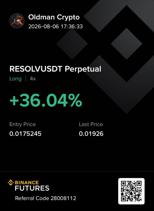 A screenshot of a Binance Futures trading position from user "Oldman Crypto" showing a long 4x leverage trade on RESOLVUSDT Perpetual with a +36.04% gain, entered at 0.0175245 and last priced at 0.01926, accompanied by referral code 28008112 and a QR code. The profitable trade directly demonstrates the "#Resolv pump" referenced in the post.