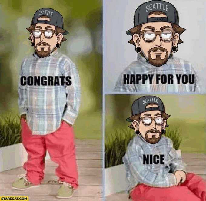 A cartoon character wearing a "SEATTLE" cap, glasses, and a plaid shirt appears in three panels with the captions "CONGRATS," "HAPPY FOR YOU," and "NICE," sarcastically conveying polite yet begrudging reactions to others' success—matching the meme's theme of enviously watching friends profit from trendy crypto coins while the poster misses out.