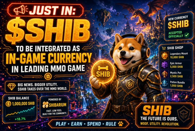A digital promotional poster announces '$SHIB to be integrated as in-game currency in leading MMO game,' featuring a Shiba Inu character in armor holding a $SHIB coin, with a SHIB shop listing items like Legendary Mount (10,000 SHIB) and Epic Armor (5,000 SHIB), and a balance of $1,000,000 SHIB showing +18.7%.